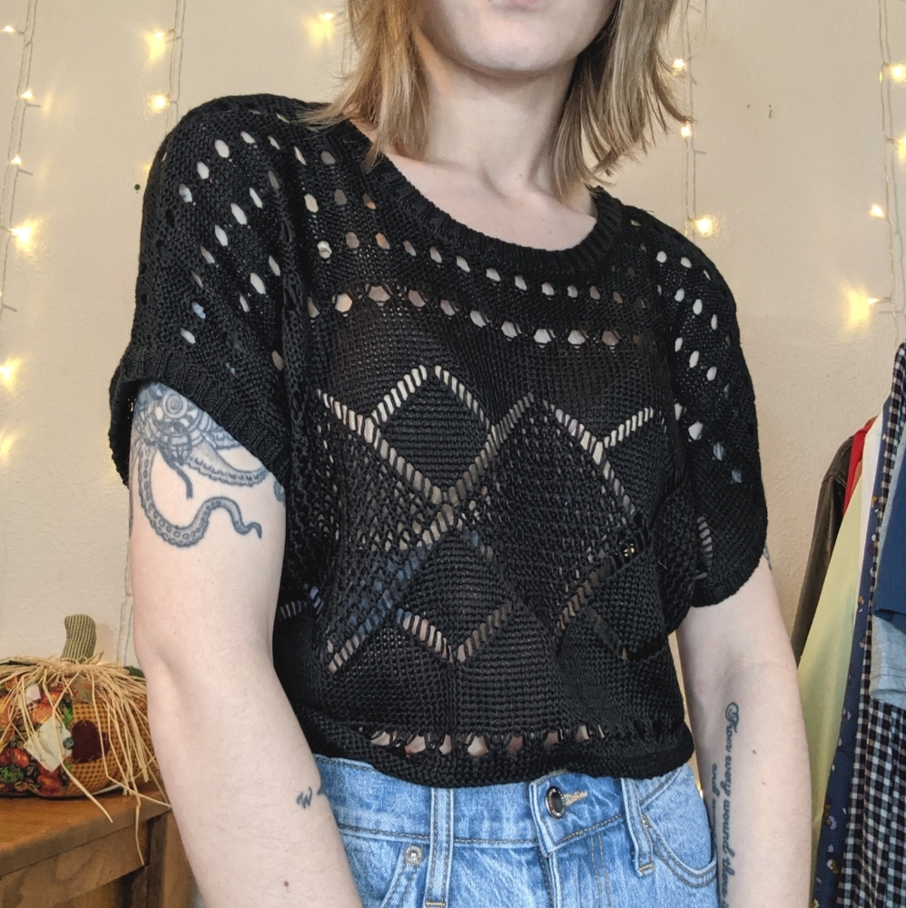 NOBO Black Open-Knit, Short Sleeved Top